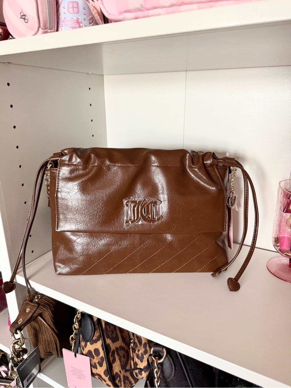 Juicy Couture “Soft Spoken” Brown Leather Shoulder Bag with Gold Logo